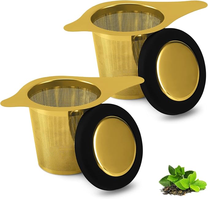 Two Pack Tea Infuser Basket Stainless Steel Tea Strainer Tea Filter With Small Strainer And Lid Tea Diffuser For Loose Tea Superior Brewing Experience (Two pack gold)