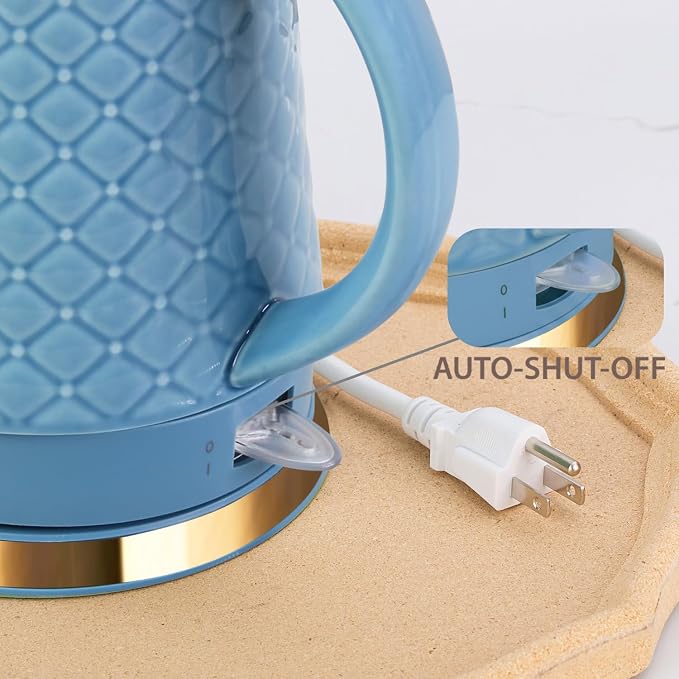 1.5L Ceramic Electric Kettle, 1200W Fast Boil Retro Tea Pot with LED Light, BPA-Free Porcelain Cordless Water Boiler, Auto Shut-Off & Boil-Dry Protection, Blue Relief Carving