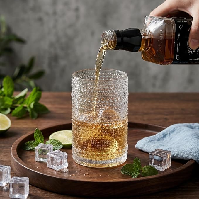ZOOFOX Set of 6 Vintage Drinking Glasses, 13 oz Clear Hobnail Glasses Tumbler, Embossed Design Glassware for Beverages, Water, Juice, Beer, Cocktail, Whiskey and Milk