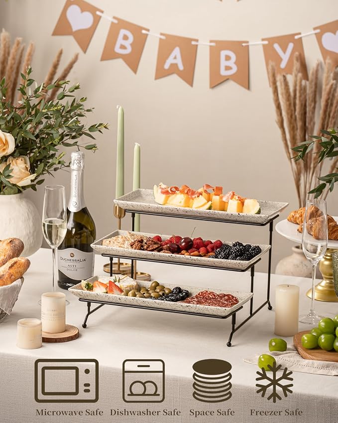 LAUCHUH 3 Tier Serving Trays for Party, Porcelain Tiered Serving Tray Stand | 14 inch Serving Platters with Collapsible Sturdier Rack Serving Plates for Halloween Thanksgiving Christmas, Speckled Glaze