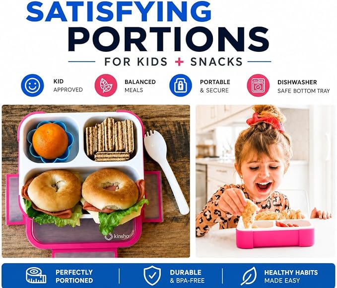 kinsho Bento Box for Kids, Toddler Lunch Boxes for Small Boys Girls in School Daycare, Leak Proof 3 Compartment Containers for Portion Control Snacks for Adults, BPA Free. Medium Blue Pink 2 Pack