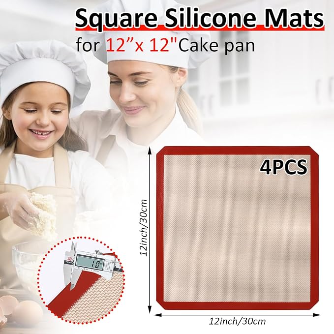 4 Pack 12" x 12" Reusable Silicone Baking Mat for 12 Inch Cake Pan/12x12 Cheesecake Pan/Toaster Oven/XL Air Fryer,12" Food Grade Silicone Mat for Baking Sheet, Non-Stick&Reusable