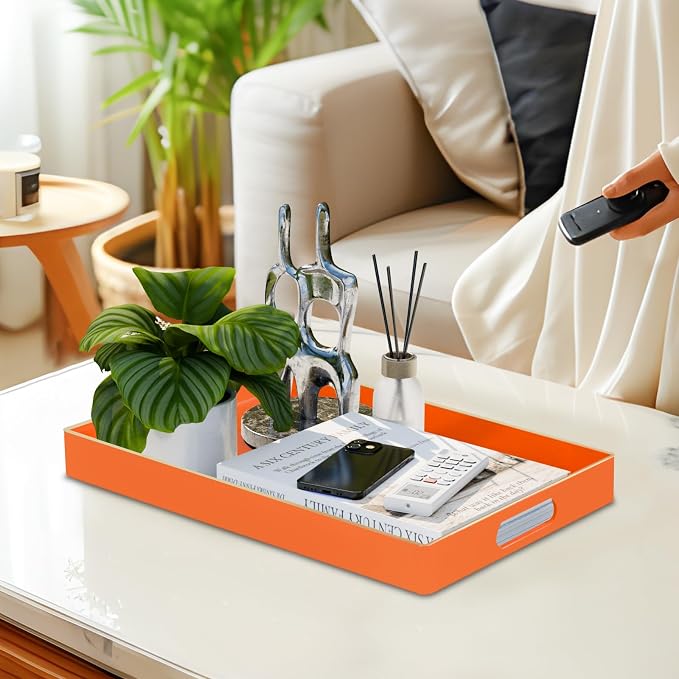 Orange Decorative Tray for Coffee Table, Serving Tray with Handles | Plastic Melamine Tray, Modern Ottoman Tray, Rectangular Countertop Organizer Tray for Living Room, 15.8"L x 10.2"W x 1.4"H