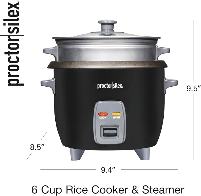 Proctor Silex Rice Cooker & Food Steamer, 6 Cups Cooked (3 Cups Uncooked) | Includes Aluminum Steam and Rinsing Basket , Measuring Cup & Spatula| Easy 1 Touch Controls | Black | 37510MN