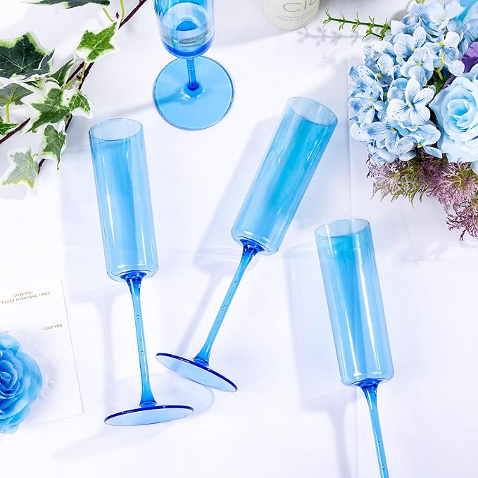 YOUBET 24Pack Blue Champagne Flutes Plastic for Party Birthday Wedding | 6 oz Blue Disposable Plastic Wine Toasting Glasses with Stem for Anniversary Celebrations