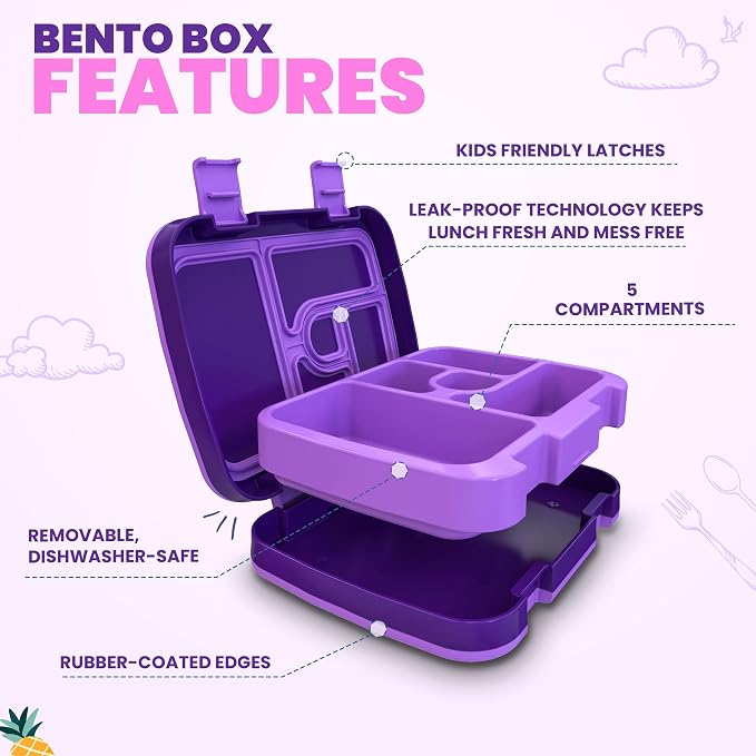 YOLAY Bento Box for Kids, 5-Compartment, Mermaid | Leak-proof, rubber-coated edges, Removable inner tray, Microwave safe, Dishwasher safe