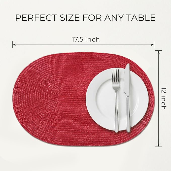 Placemats Set of 8, Woven Oval Braided Dining Table Mats(Red) | 12 x 17.5 Inch Size Fits Plates and Flatware; Hand Washable and Heat Resistant for Kitchen Use, with Farmhouse and Boho Style
