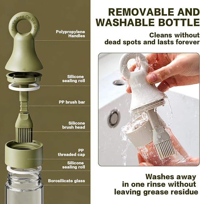 MMJ 2 in 1 Oil Brush Bottle with Silicone Basting Brush, Oil Dispenser for Kitchen, Leak Proof Glass Kitchen Accessories for Cooking, BBQ, Grilling, Vinegar, Sauce, Olive(White+Green)