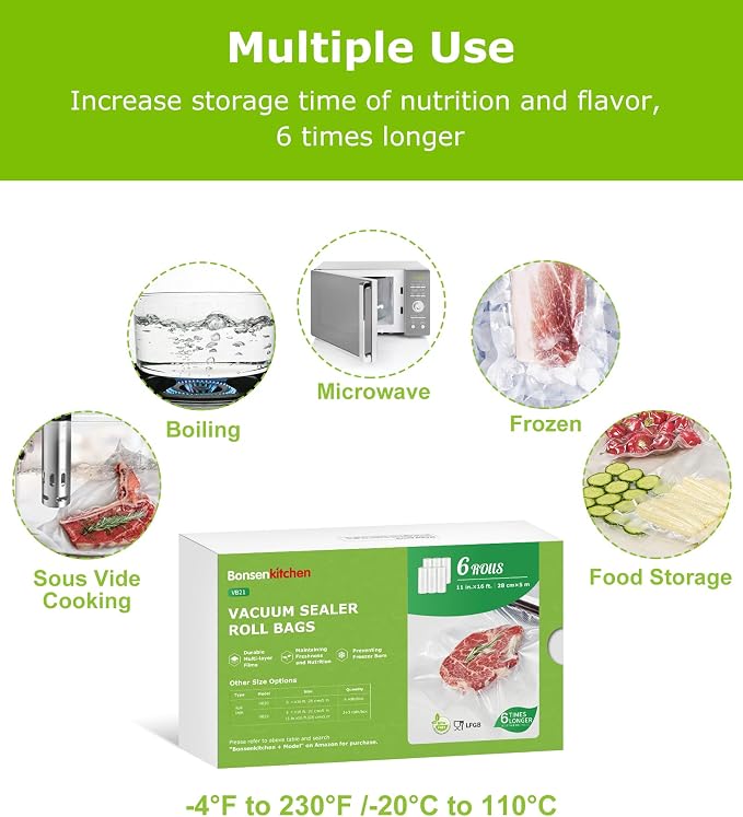 Bonsenkitchen 6 Rolls 11" x 16' Vacuum Sealer Bags for Food with Color Box | Commercial Grade, Food Storage or Sous Vide, Heavy Duty Vacuum Sealer Bags Rolls,BPA-free & Food-Grade Safe Material, VB21