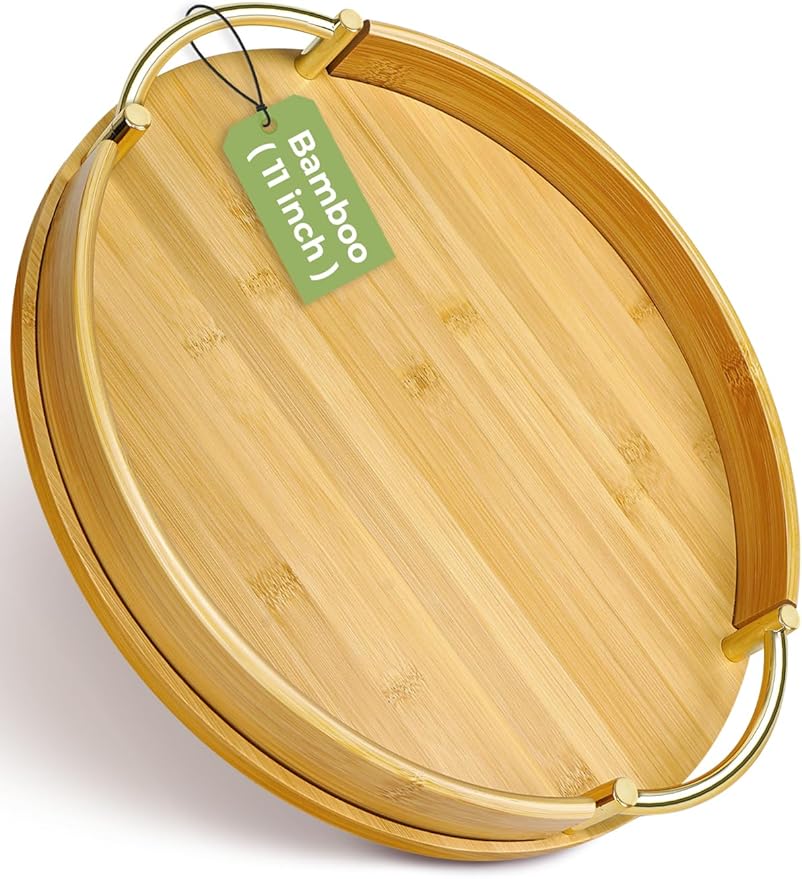 JUPELI 11.8″ Round Bamboo Serving Tray with Handles – Decorative Tray, Breakfast Tray, Coffee Table Tray, Ottoman Tray, Kitchen Platter for Drinks, Snacks, Vanity, Home Decor & Gifts
