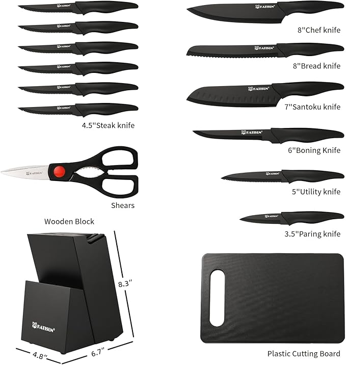 17-Piece Black German Steel Kitchen Knife Block Set | LFGB Food Safe Coating, Dishwasher Friendly. Features Non-Slip PP Cutting Board, Peeler, Built-In Sharpener & Deep Tang Core