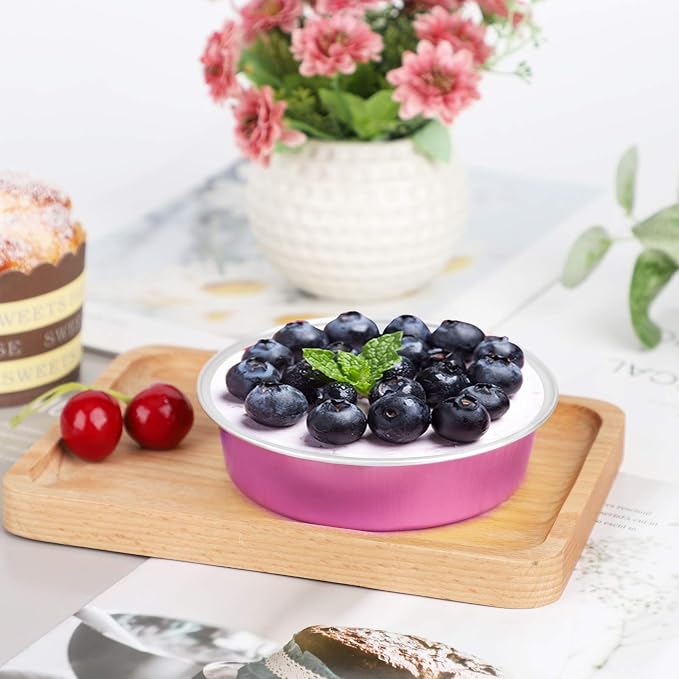 Beasea Mini Pie Pans with Lids, 4 Inch 50 Pack Disposable Mini Pie Tins Tart Pans, 8 Oz Pink Aluminum Tart Tins Mold Round Oven Baking Cups Small Cake Pan for Cheesecake Quiche