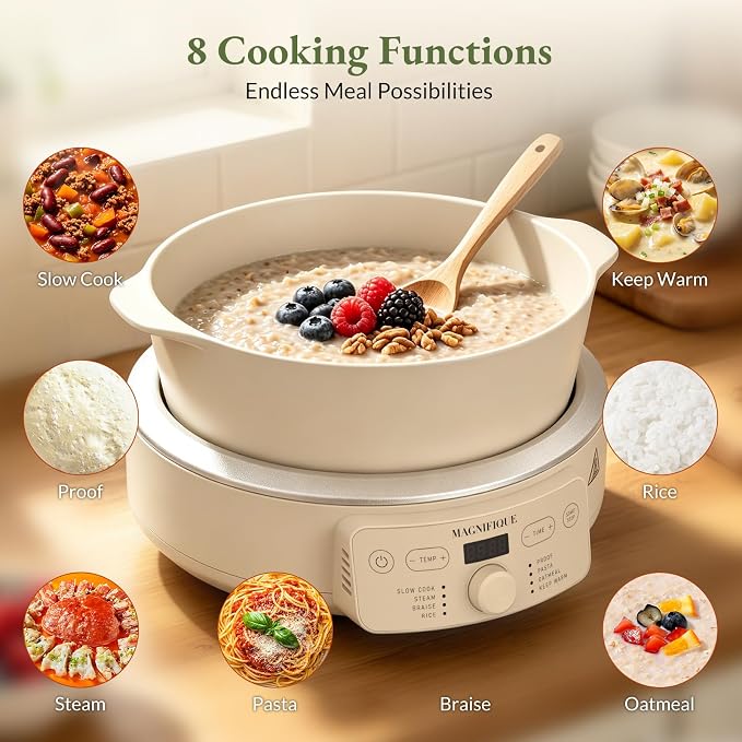 MAGNIFIQUE Slow Cooker, 4.5 Quart 8-in-1 Clay Pot Multi-Cooker, Non-Toxic Slow Cooker with Removable Clay Pot, for Rice, Pasta, Steam & Proof, Nonstick, Oven Safe Pot to 500°F, Oatmeal