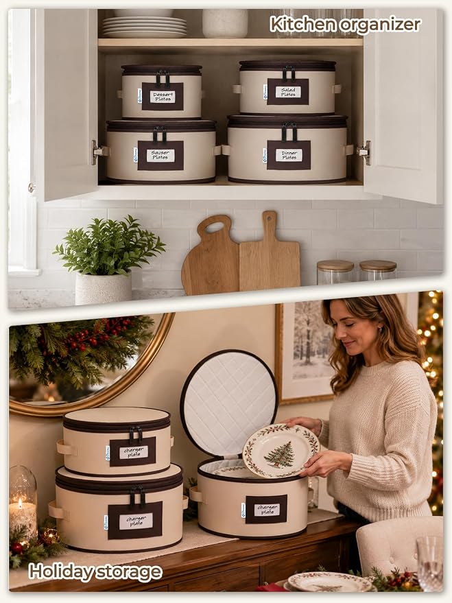 China Storage Containers, 4-Pack Hard Shell Plate & Dish Cases for Moving | Padded dividers and quilted lining protect plates and dishes; stackable for moving and holiday storage, beige hold set of 12