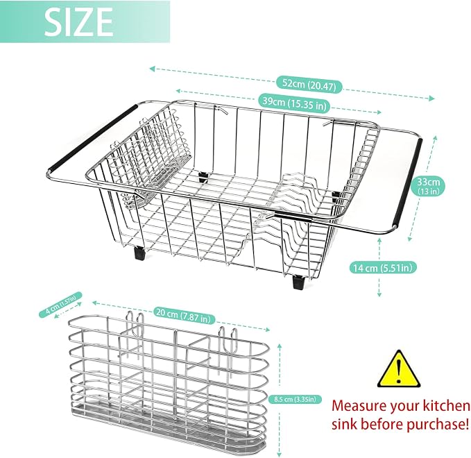 Sink Dish Drainer Rack, Expandable 304 Stainless Steel Drying Rack | Large Capacity Sink Dish Rack with Utensil Holder, Adjustable 15.35"-20.47", Fits Inside Sink, Holds Up to 13 Utensils