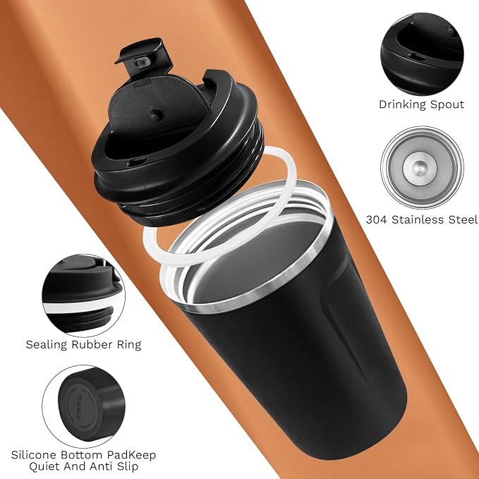 SPLMIFA Travel coffee mugs leak-proof, reusable coffee cups with lids, stainless steel vacuum insulated coffee tumblers, thermal insulation cups for men & women keep drinks hot & cold(2nd-Black, 17OZ)