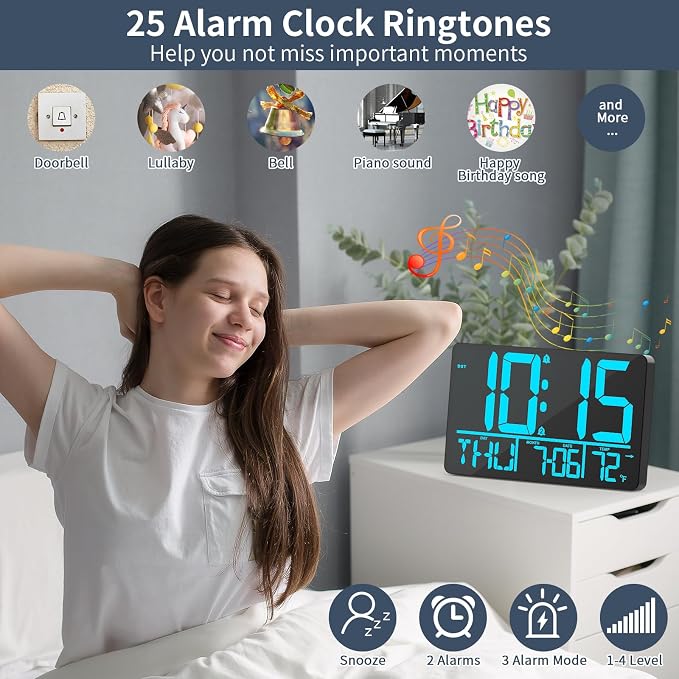 PERSUPER 13" Digital Wall Clock Large Display with Remote, Temp & Timer | Auto Dimming, 12/24H, DST, Calendar, 25 Ringtones, for Living Room, Bedroom, Office & Elderly - Blue