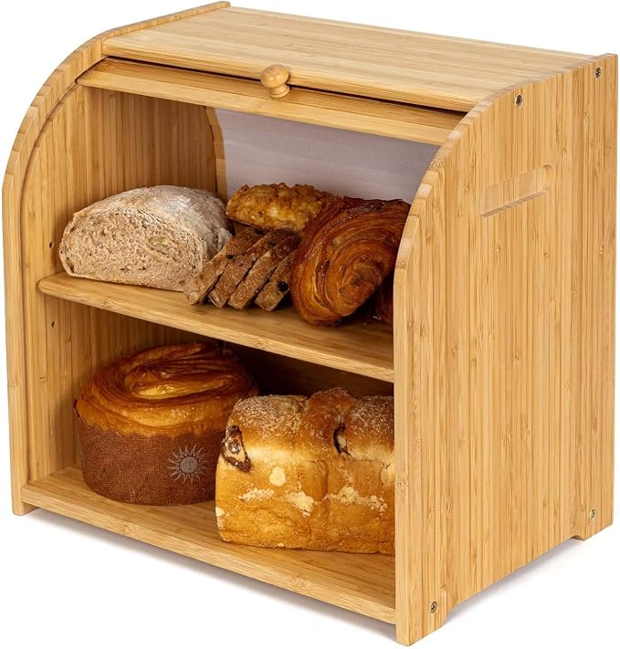 Bamboo Bread Box Roll Top for Kitchen Countertop Breadbox Storage | Roll Top Bread Box with Sliding Lid,Large Double Layer with Adjustable Middle Shelf