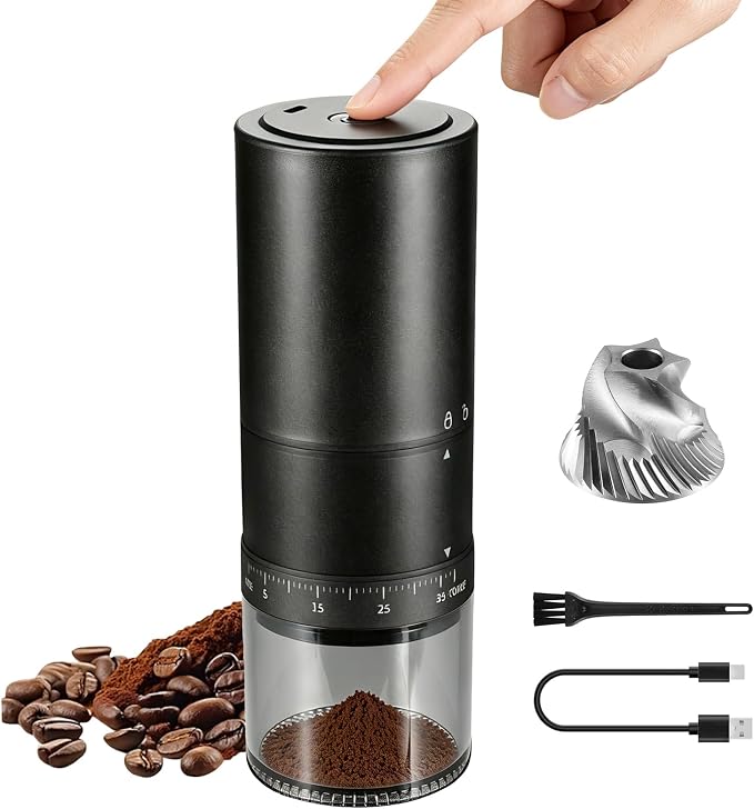 Portable Electric Burr Coffee Grinder, Rechargeable Espresso Grinder | Stainless Steel Coffee Bean Mill and Conical Mill 38 Adjustable Settings One-Button Operation for Travel Camping Office Home