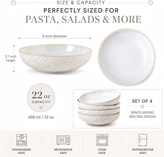 8" Ceramic Pasta Bowls, 22 Oz Serving Bowls Set of 4, Porcelain Shallow Soup Bowl, Embossed Serving Dishes for Pasta, Fruit, Salad, Housewarming Gift, Dishwasher Safe