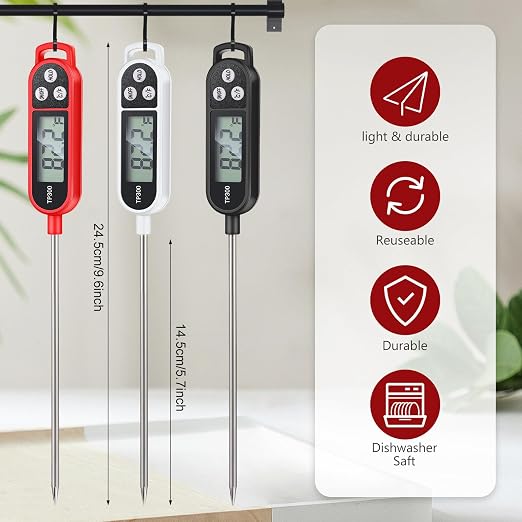 12 Pcs Instant Read Meat Thermometer with Long Probe 9.65 Inch Kitchen Cooking Food Candy Waterproof Digital Thermometer for BBQ Water Milk Yogurt Liquid Cooking (Black,White,Red)