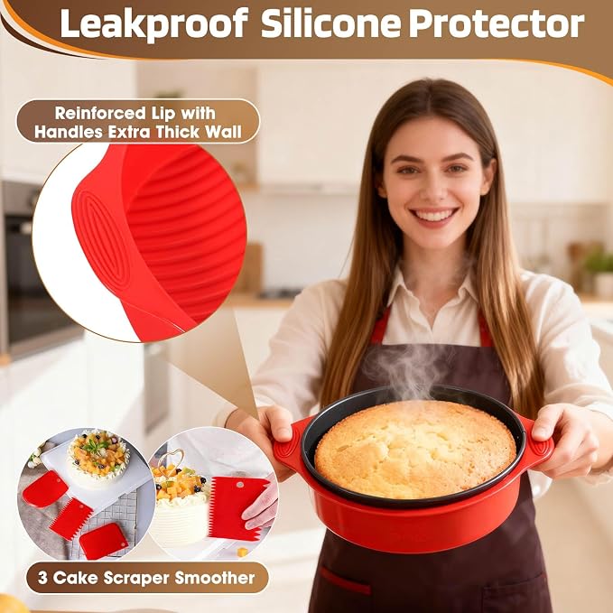MASSUGAR 4 7 9 Inch Springform Pan Cheesecake Pan with Silicone Protector, 50 Pcs Parchment Paper Liners, 3 Cake Scrapers, Leakproof Round Cake Pan for Baking in Water Bath Nonstick Spring Form Pan