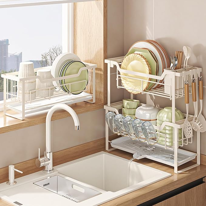 HABITLLO 2-Tier Dish Drying Rack with Drainboard, Large Capacity Dish Racks for Kitchen Counter Shelf with Utensil, Cups, Cutlery & Cutting Board (White)