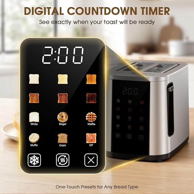 Foyoconven 2 Slice Toaster with Touch Screen, 1.5" Extra Wide Slots for Bagels & Thick Bread, Stainless Steel, Digital Countdown Timer, 6 Shade Settings, Defrost/Reheat/Cancel, Removable Crumb Tray