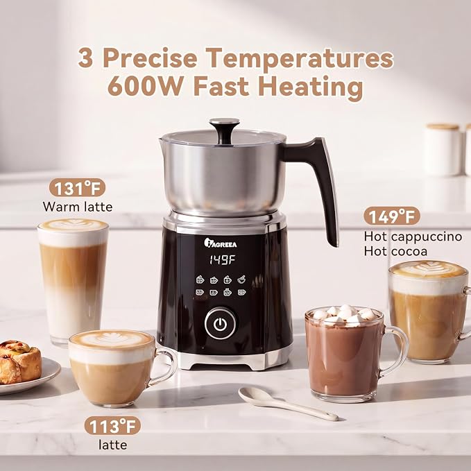 IAGREEA 8 in 1 Milk Frother and Steamer, Stainless Steel, Dishwasher Safe | Detachable Design, Dial Control, 600Ml/600W, 3 Temps (113/131/149°F), Magnetic Drive Creates Thick Creamy, Long-Lasting Foam