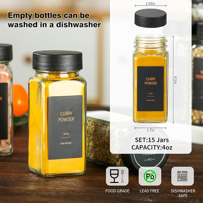 Spice Jars with Label，4oz Glass Spice Bottles With Shaker Lids，Seasoning Containers with Funnel, Chalk Pen for Cabinet，Drawer，Rack (Black, 48)
