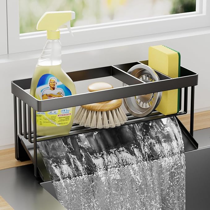 Kitchen Sink Caddy Organizer for Kitchen Countertop Organizers Black | 304 Stainless Steel, Removable Drip Tray, Home Decor Accessories