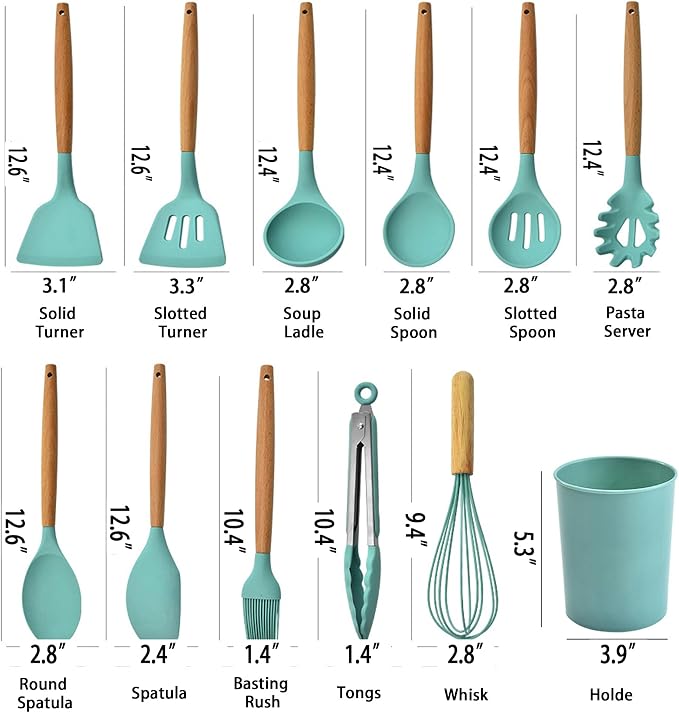 Silicone Kitchen Cooking Utensils Set,12 pcs Non-stick Silicone Kitchen Utensils Set 446°F Heat Resistant, BPA Free, Stirring cooking Set Spatula Turner Spoon Tongs Whisk(Dark Green)