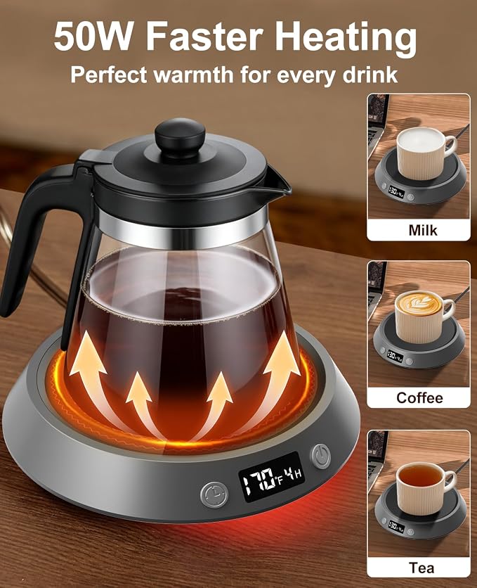 Kepwam Mug Warmer for Desk, Coffee Warmer with 3 Temp Settings & 2-9H Timer | 50W Fast Heating Beverage, LED Digital Display, Works for Coffee Mugs & Candle Jars, Multifunctional Gift fo Home & Office