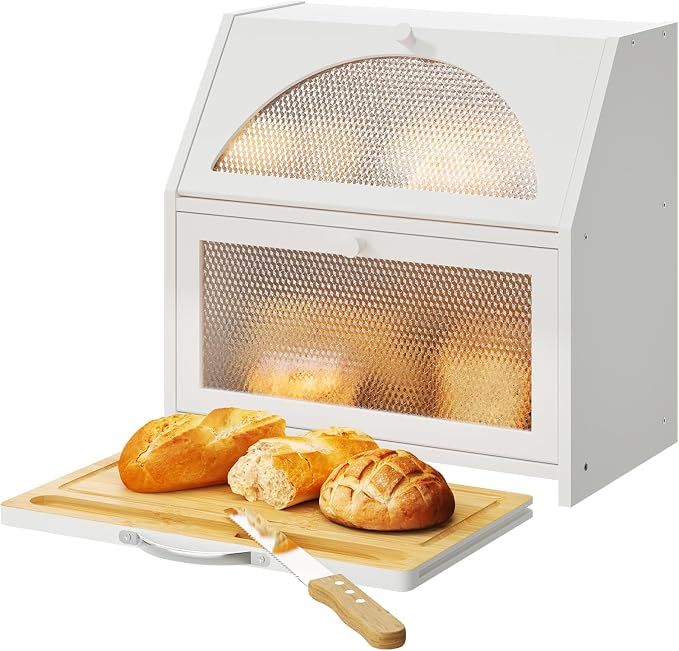 STDDRE Double Layer Bamboo Corner Bread Box with Cutting Board(White) | Extra-large capacity. Double Layer Bread Storage Bin with Door Panel for Kitchen Counter.for kitchen counter