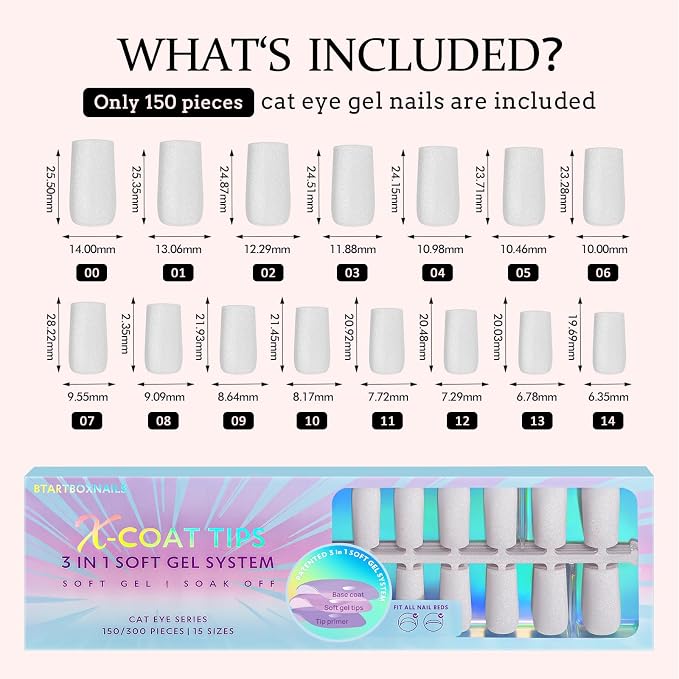 BTArtboxnails XCOATTIPS Cat Eye Press On Nails, Long Square, Frozen | Lamp-Curable 4-Week Wear, Salon Quality Value at Home, Natural Nail Look, Easy-to-Apply for Beginners, 150ct Nail Tips Only