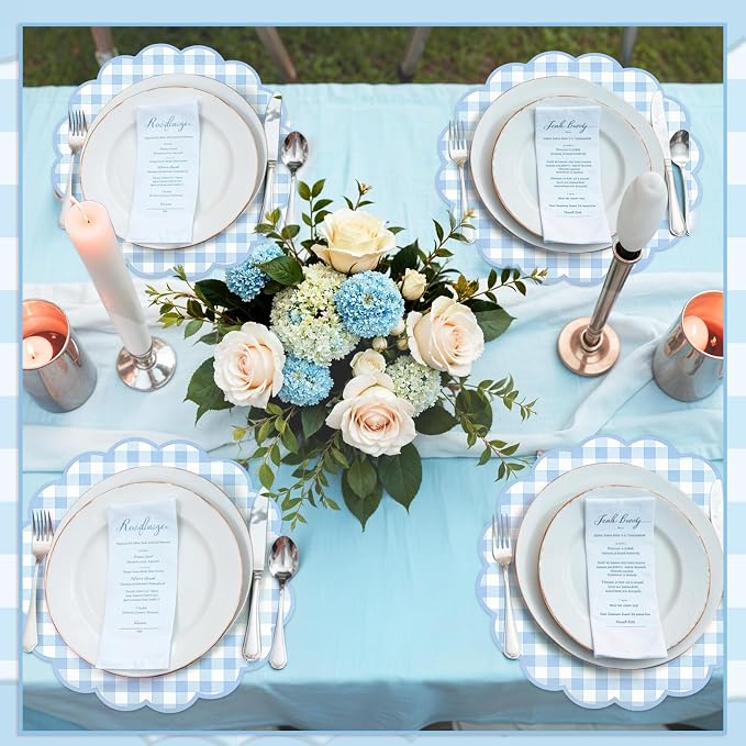 60 Pcs Blue Gingham Paper Placemats, Scalloped Blue Checkered Place Mat | 13.5 Inch Disposable Table Placemats Decorative Paper for Table Setting Baby Shower Wedding Bridal Banquet Tea Party