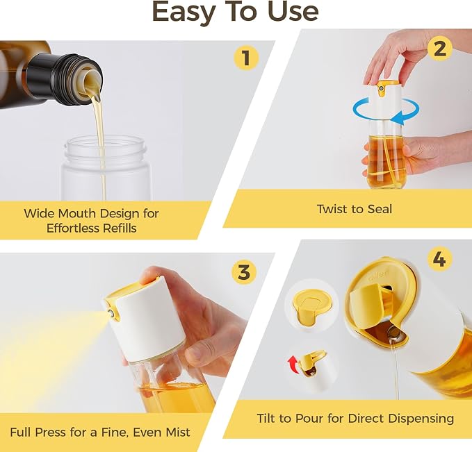 LHS Oil Sprayer for Cooking, Olive Oil Sprayer and Dispenser 2 in 1, White | 10oz/300ml, Oil Mister & Pourer, Portion Control, Food Grade, For Air Fryer, Cooking, Salad, BBQ, Frying