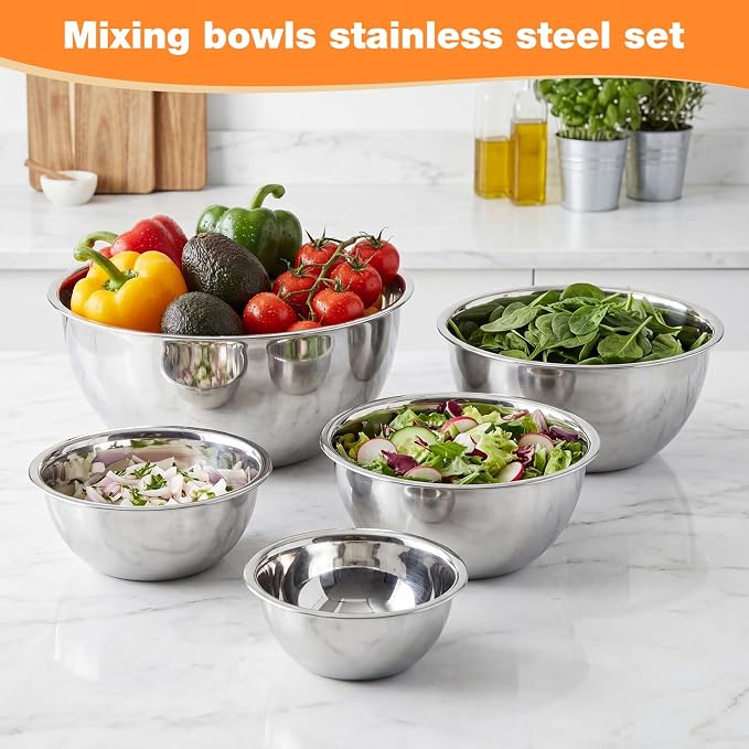 Stainless Steel Mixing Bowls Set - 5-piece Polished Mirror Nesting Bowls 1.25, 2.75, 4.25, 6.25, 8 Quart Thickened Material Ideal for Kitchen, Cooking, Baking and Storage, Deep