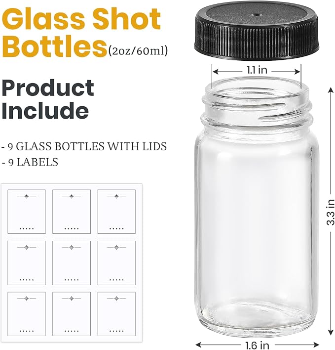 9 Pack, 2 oz Glass Shot Bottles w/ Black Lids & 9 Labels - Small Clear Jar for Ginger, Wellness Shot, Juice, Sample, Whiskey - Travel Essentials Mini Bottles - Wide Mouth, Leakproof, Dishwasher Safe