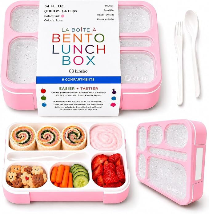 kinsho Glitter Bento Box Lunch Box for Kids Girls, Cute School Snack Meal Prep Container for Lunches, Pink