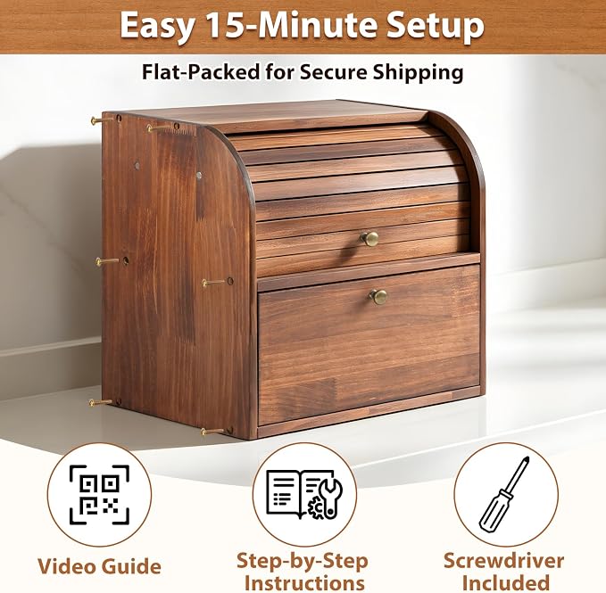Sunhoo Wooden Bread Box for Kitchen Countertop, Roll Top Breadbox, Brown | Large Double Layer Pantry Container, Solid Wood with Cutting Board, Fresh Homemade Sourdough Bin Cabinet, Vintage Farmhouse