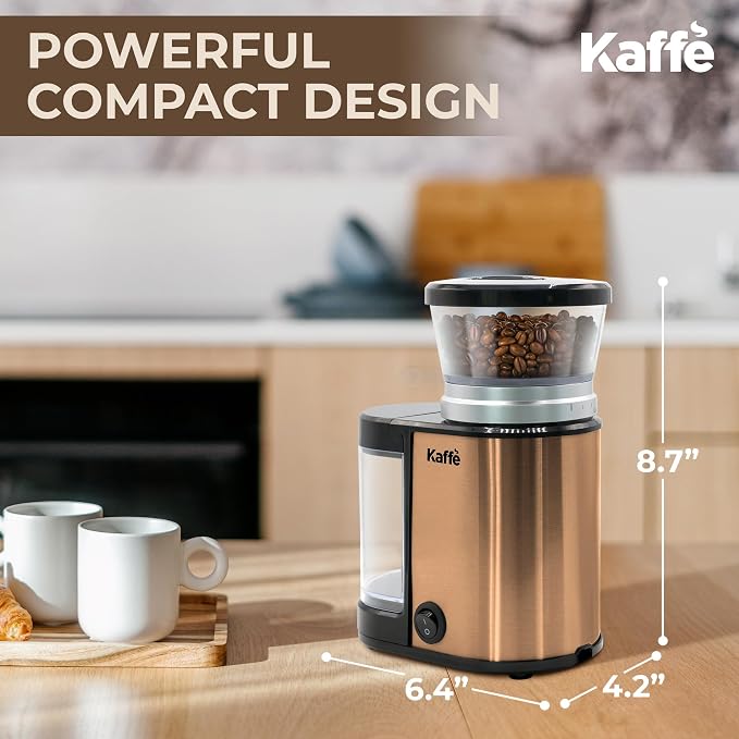 Kaffe Electric Burr Coffee Grinder (5.5oz) w/Adjustable Precise Coarseness Settings - Flat Burr - [Improved Motor] - Precision Coffee Bean Grinder for Home Use - Copper
