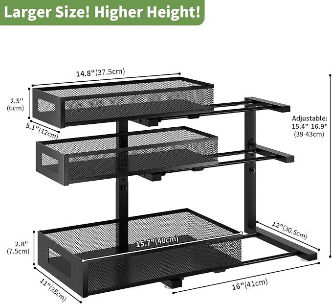 Under Sink Organizer,3-Tier Heavy Duty Pull out Cabinet Organizer Shelf | Height Adjustable,Thickened Metal,Slide out Storage Drawer Rack for Kitchen Bathroom Pantry Laundry Home Organization