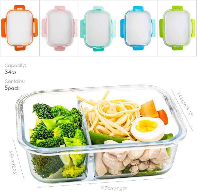 UMEIED Glass Meal Prep Containers 2 Compartment with Lids (5 Pack, 36oz) | Divided Glass Storage Containers for Lunch at Work, Leak-Proof Portion Control Food Containers, Microwave / Dishwasher Safe