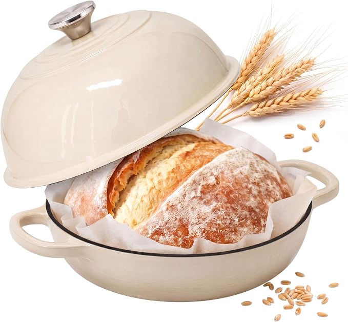 Cast Iron Dutch Oven with Lid, 6 Quart Enameled Bread Oven for Sourdough Baking, Round Heavy Duty Cast Iron Pot with Dome Lid, Cream White