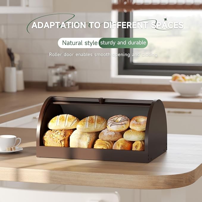 STDDRE Corner Bread Box for Kitchen Countertop Roll Top Bread Box Kitchen Food Storage Box for Homemade Bread Bread Holder for Kitchen Counter Pantry Shelf (Brown)