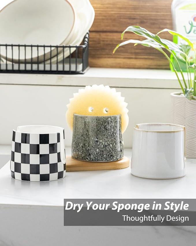 Zoeeker Kitchen Sponge Holder, Ceramic Dish Sponge Holder Scrubby Daddy | Cute Sink Caddy Dish Brush Drying Rack Scouring Pad Holder for Bathroom Countertop, Farmhouse Kitchen Decor, Special Gray