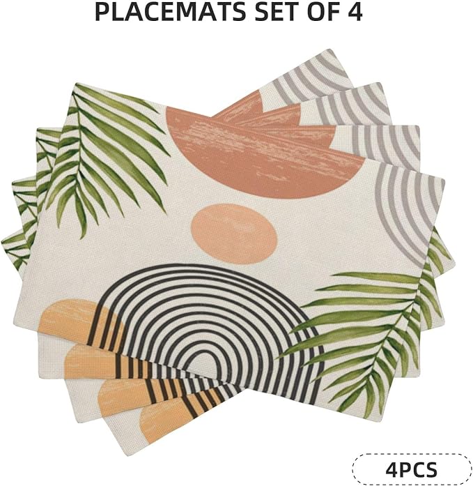 Mid Century Placemats Set of 4, Boho Abstact Sunset Leaf Stripe Decorative Table Mat 12 x 18 Inch Heat Resistant Non Slip Line Fabric Summer Place mat for Holiday Party Kitchen Dining Decor