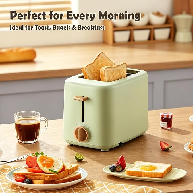 2 Slice Retro Toaster with Anti-dust Cover, 6 Browning Settings, Extra Wide Slots for Bagel & English Muffin, Removable Crumb Tray, Mini Household Bread Toaster