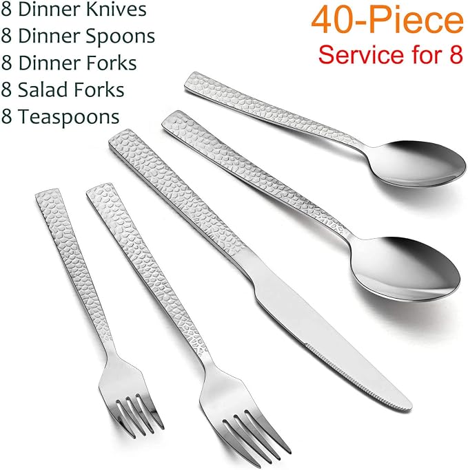 E-far Hammered Silverware Set for 8, 40 Pcs Stainless Steel Flatware Set | Includes Forks/Spoons/Dinner Knives, Cutlery Set for Home, Party, Wedding, Mirror Polished & Dishwasher Safe